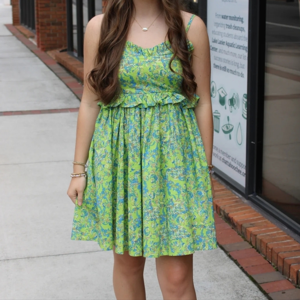Entro Green & Blue Spaghetti Strap with Ruffle Waist and Top Detail Dress Size M